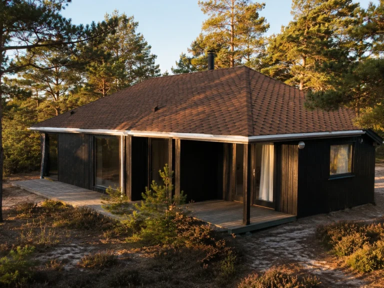 Sort dansk sommerhus med sekskantede brune tagshingles